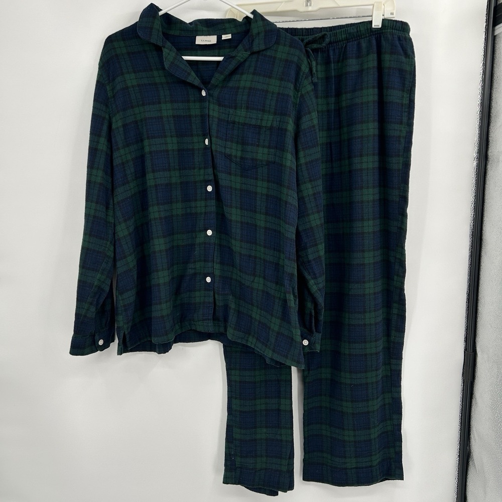 LL Bean Womens Scotch Plaid Flannel Pajamas Size XL Blue Green 100% Cotton Cozy